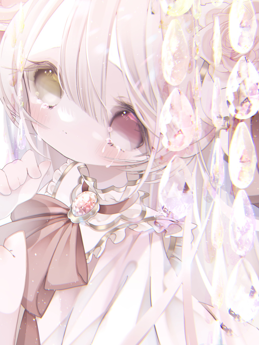 1girl, ascot, bangs, brooch, clenched_hand, collar, commentary, crying