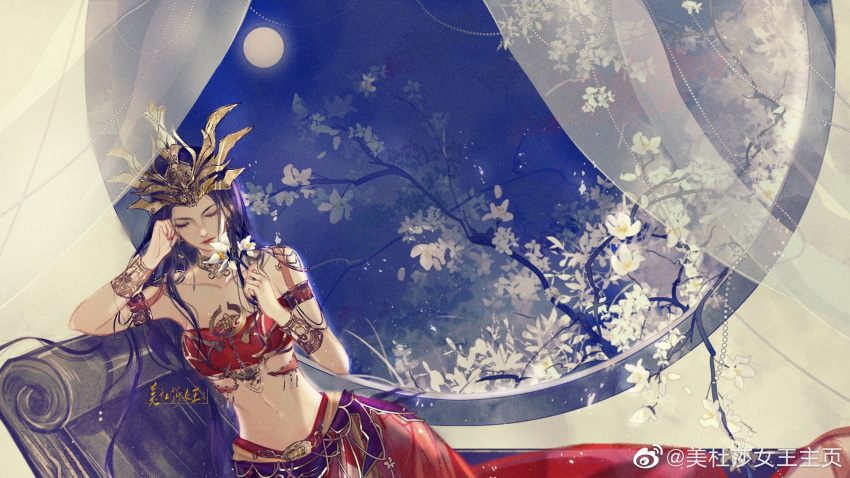bare_shoulders, black_hair, cai_lin_(doupo_cangqiong), closed_eyes, curtains, doupo_cangqiong, dress, flower