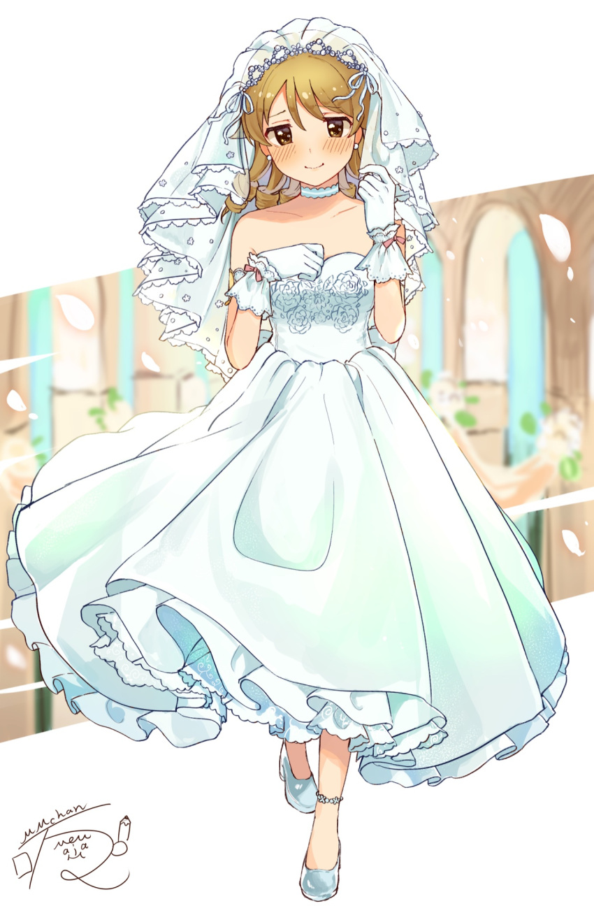1girl, alternate_costume, blonde_hair, blush, bridal_veil, bride, choker, collarbone