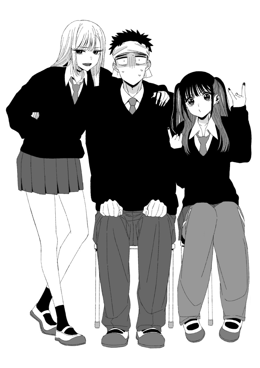1boy, 2girls, :d, \n/, bags_under_eyes, chair, choker, clenched_hands