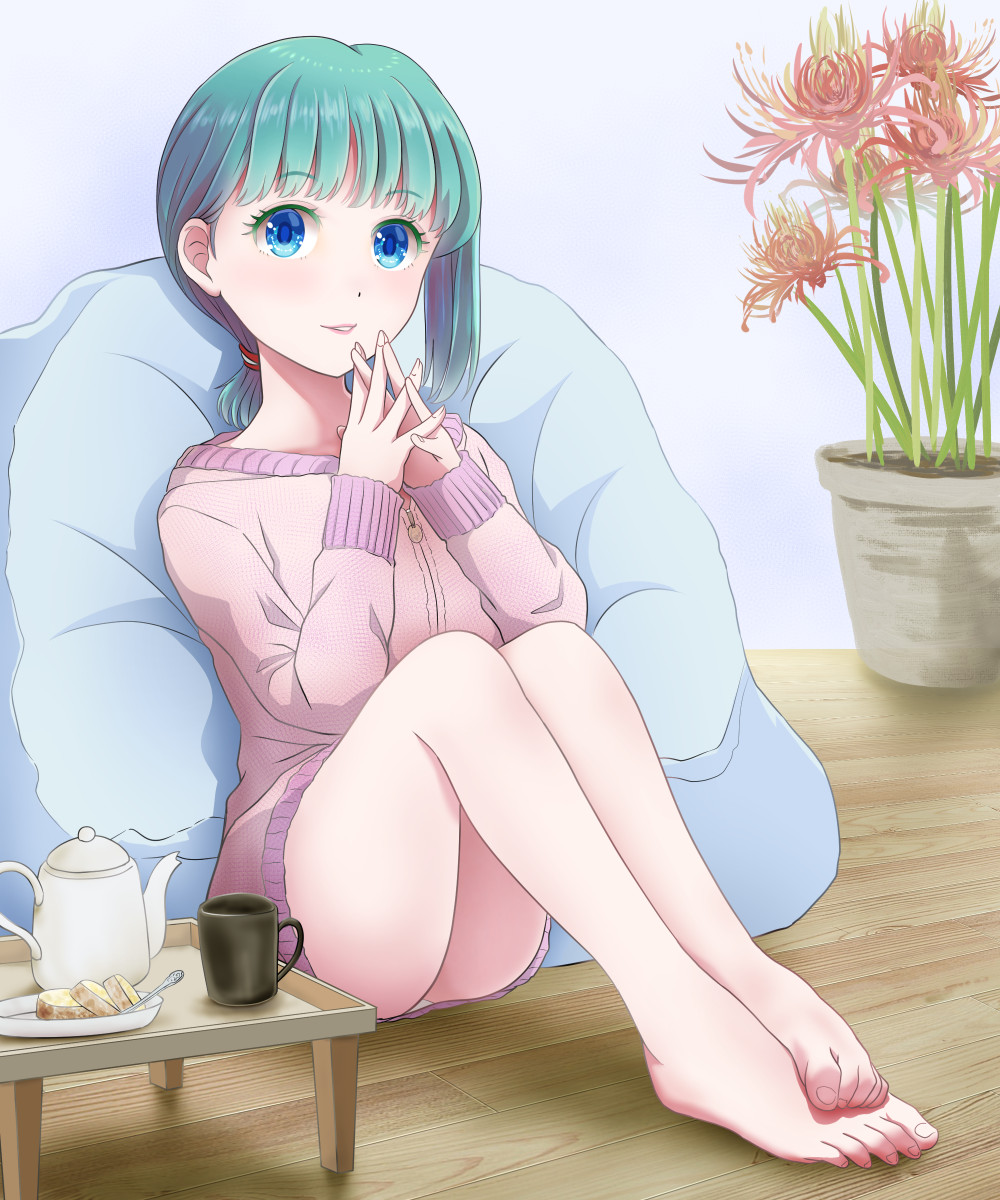 1girl, alternate_costume, asymmetrical_hair, bangs, barefoot, bean_bag_chair, blue_eyes, blush, breasts, commentary_request, cup, eyebrows_visible_through_hair, flower, full_body, green_hair, highres, kisaragi_koushi, long_sleeves, looking_at_viewer, no_hat, no_headwear, panties, pantyshot, parted_lips, pink_sweater, plant, ponytail, potted_plant, red_flower, shiki_eiki, short_hair, sitting, small_breasts, smile, solo, spider_lily, sweater, teapot, touhou, tray, underwear, white_panties, wooden_floor