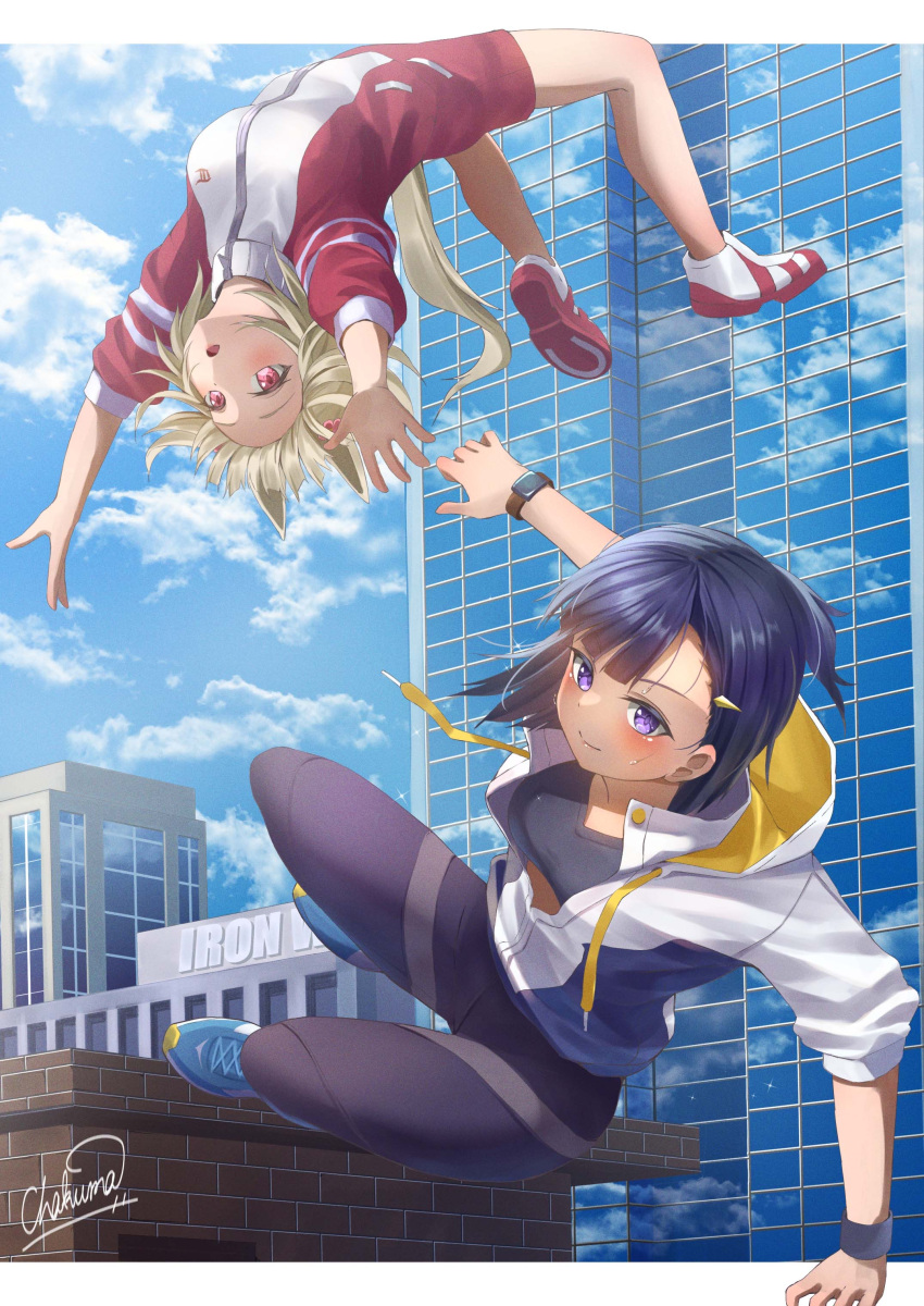 2girls, absurdres, animal_ears, artist_name, asymmetrical_bangs, bangs, blonde_hair, blue_hair
