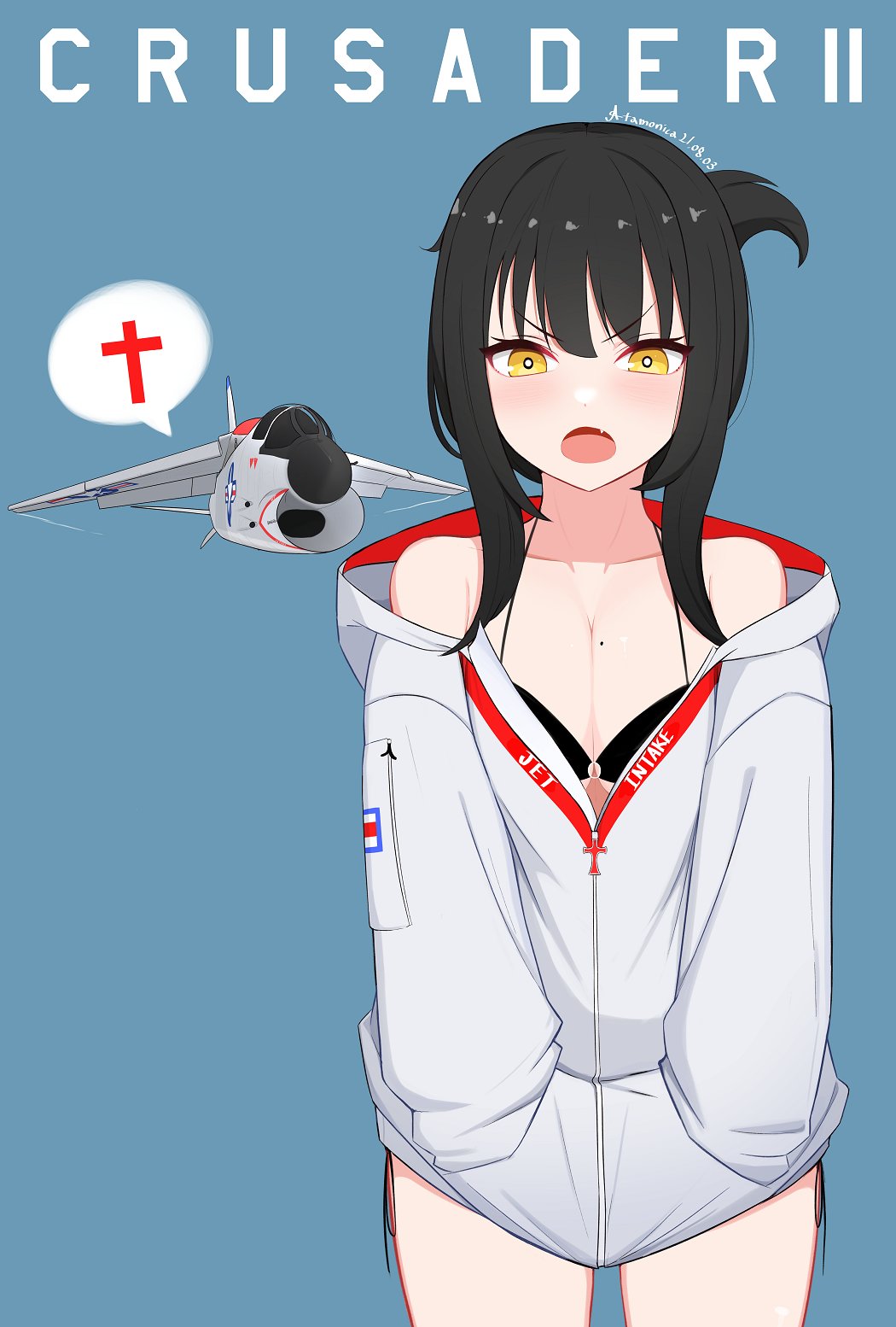 1girl, aircraft, airplane, artist_name, atamonica, bikini, black_hair, breasts