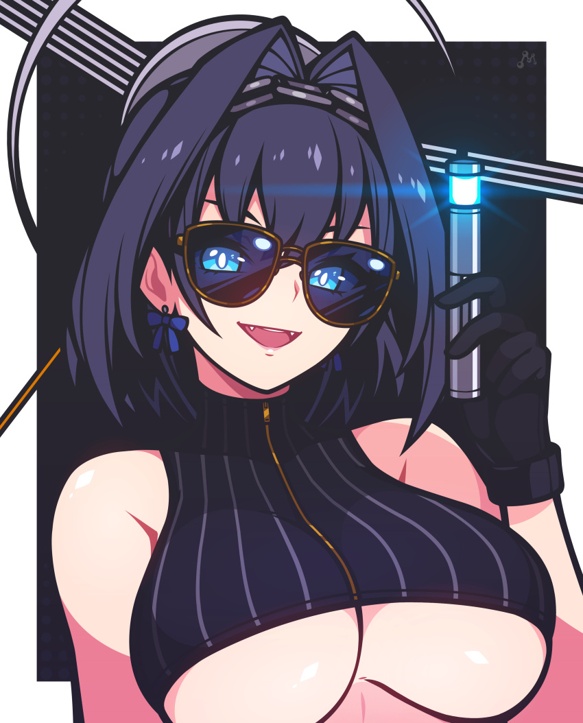 1girl, :d, absurdres, bacon_strips, black_background, black_gloves, black_hair, blue_eyes