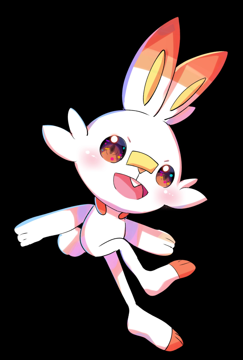 black_background, blush, buck_teeth, commentary_request, full_body, highres, looking_at_viewer, norua, open_mouth, pokemon, pokemon_(creature), rabbit, scorbunny, simple_background, smile, solo, teeth
