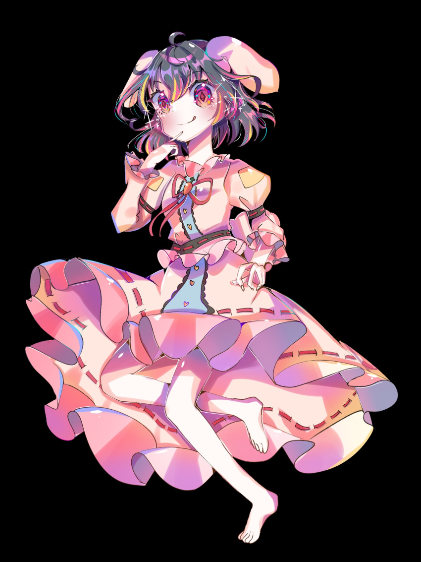 1girl, :q, adapted_costume, animal_ears, bangs, barefoot, black_background, black_hair