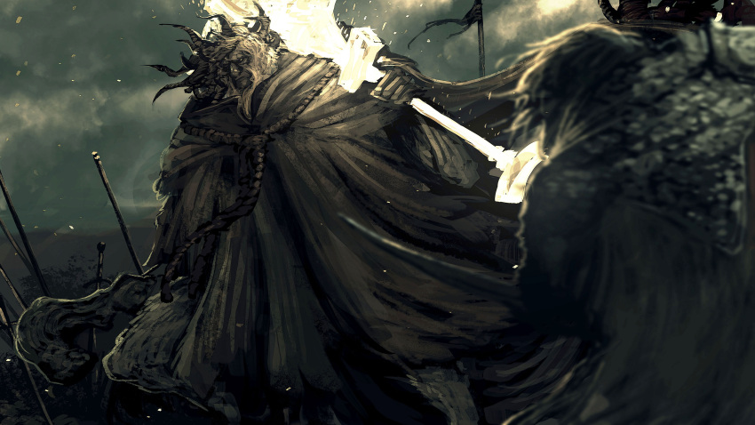 1boy, 1other, absurdres, beard, cape, cloak, clouds, cloudy_sky