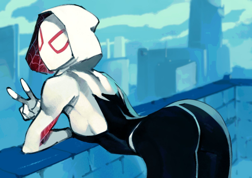 1girl, ass, bodysuit, brick_wall, commentary, english_commentary, from_behind, gwen_stacy