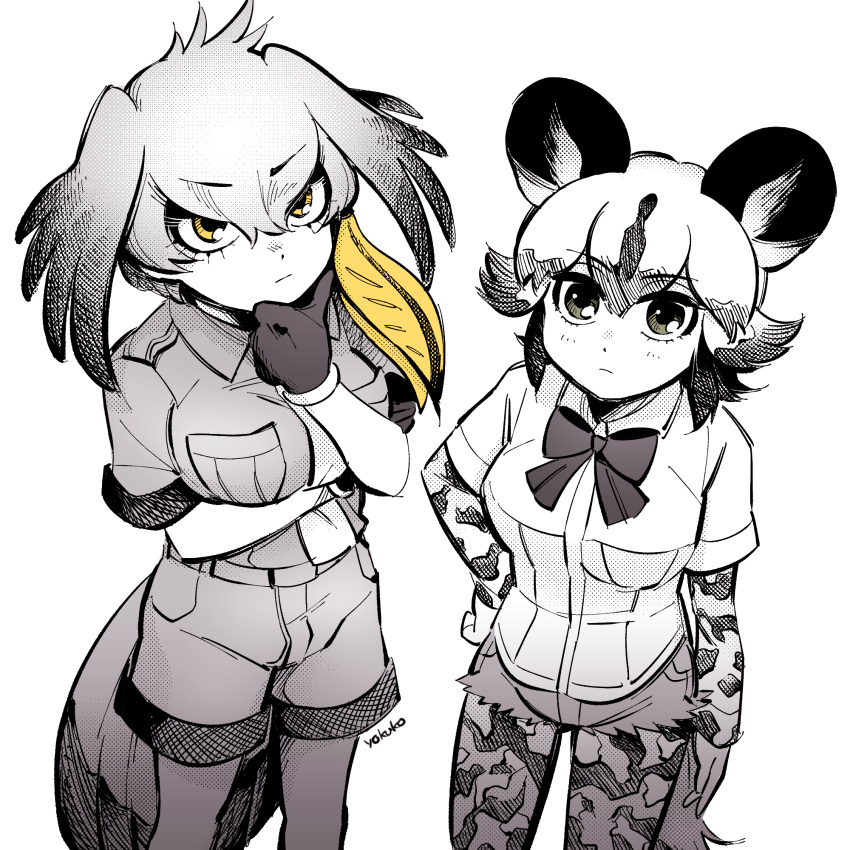2girls, african_wild_dog_(kemono_friends), african_wild_dog_print, animal_ears, arm_at_side, arm_under_breasts, artist_name, bangs, bare_arms, bird_girl, bird_tail, bird_wings, blonde_hair, bodystocking, bow, bowtie, breasts, chin_stroking, closed_mouth, collared_shirt, cutoffs, dog_ears, dog_girl, dog_tail, expressionless, eyebrows_visible_through_hair, feet_out_of_frame, gloves, greyscale, hair_between_eyes, hand_on_hip, hand_on_own_chin, hand_up, head_wings, highres, kemono_friends, layered_sleeves, legwear_under_shorts, long_hair, long_sleeves, looking_at_viewer, medium_hair, monochrome, multicolored_hair, multiple_girls, necktie, pantyhose, shirt, shoebill_(kemono_friends), short_over_long_sleeves, short_shorts, short_sleeves, shorts, spot_color, standing, staring, tail, thinking, wing_collar, wings, yellow_eyes, yokuko_zaza