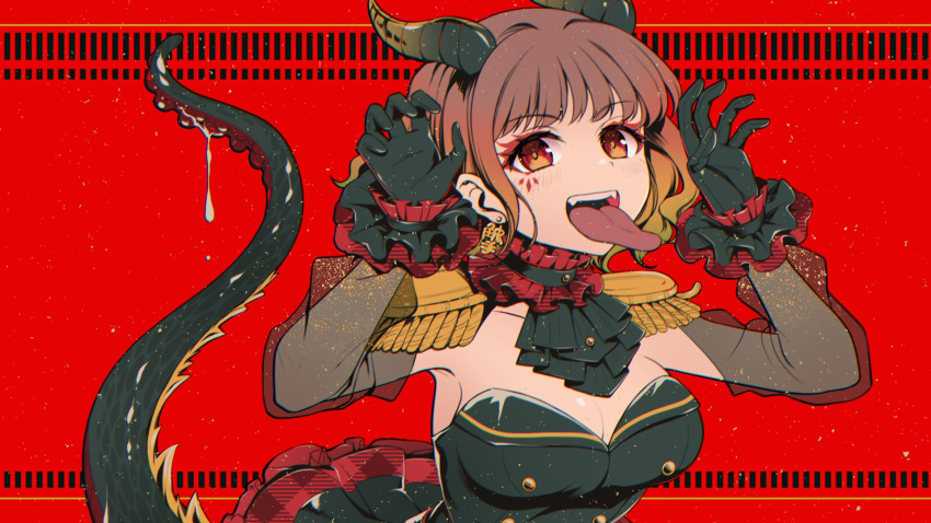 1girl, black_gloves, colored_tips, epaulettes, eyeshadow, frilled_gloves, frilled_skirt, frills, gloves, highres, hinagisa_yaya, horns, lizard_tail, makeup, multicolored_hair, red_background, red_eyes, red_eyeshadow, redhead, salamander_(vocaloid), skirt, solo, tail, tongue, tongue_out, upper_body