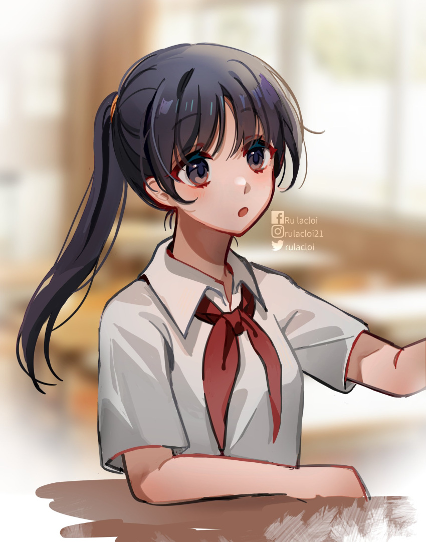 1girl, bangs, black_eyes, black_hair, blurry, blurry_background, breasts, classroom