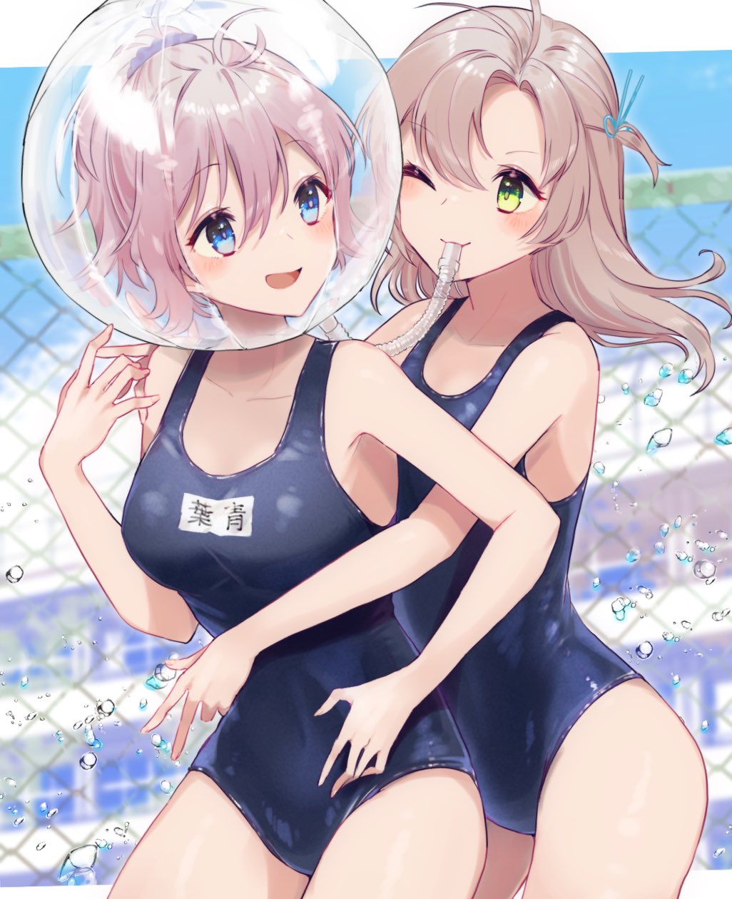 1girl, antenna_hair, aoba_(kancolle), blue_eyes, blue_swimsuit, chain-link_fence, commission, cowboy_shot