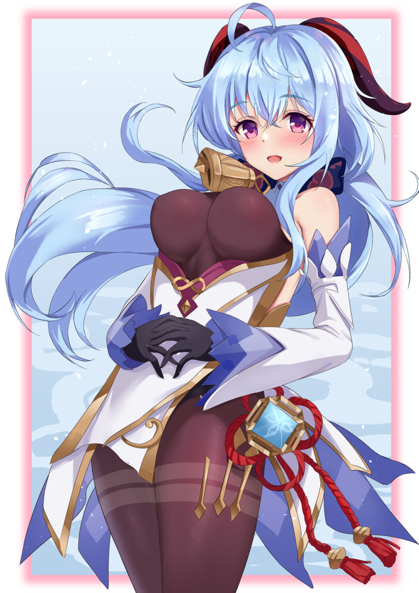 1girl, ahoge, bangs, bare_shoulders, bell, black_gloves, black_legwear, blue_hair