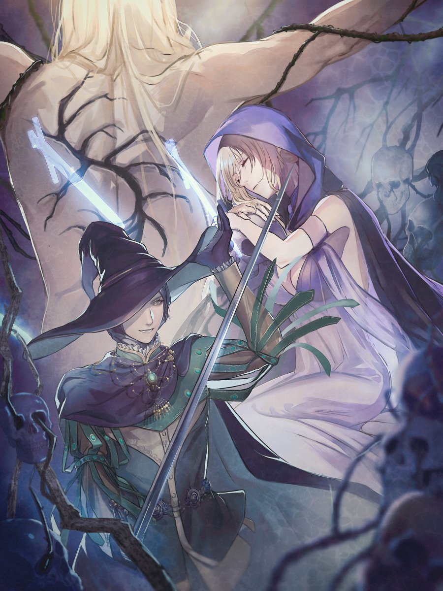 1girl, 2boys, bare_tree, birctreel, black_headwear, blonde_hair, cape, closed_eyes