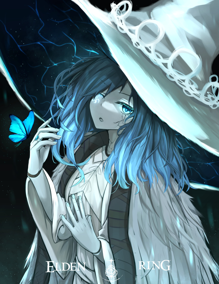 1girl, absurdres, black_background, blue_eyes, blue_hair, blue_skin, bug, butterfly, cloak, colored_skin, copyright_name, doll_joints, dress, elden_ring, extra_arms, fingernails, fur_cloak, hat, highres, jewelry, joints, large_hat, looking_at_viewer, medium_hair, one_eye_closed, ranni_the_witch, ring, simple_background, solo, tokyo_(1421), white_dress, white_headwear, witch, witch_hat