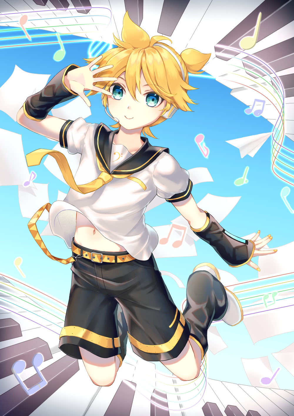 1boy, aroeruji3, bass_clef, blonde_hair, blue_eyes, detached_sleeves, headset, highres