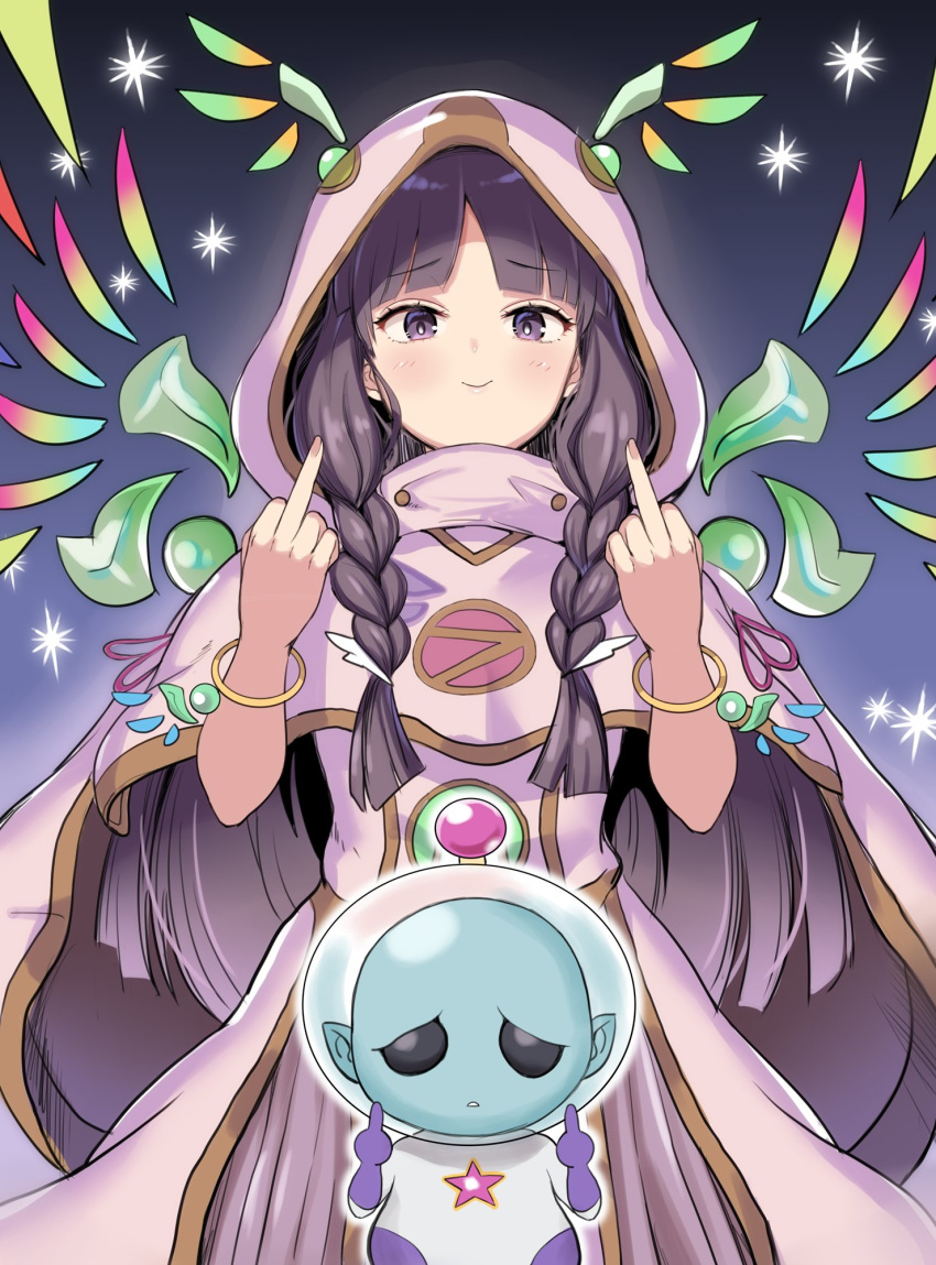 1girl, 1other, alien, bangs, black_hair, blunt_bangs, bracelet, braid