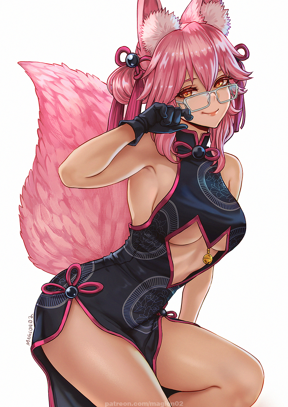 1girl, animal_ear_fluff, animal_ears, bangs, bell, black_dress, black_gloves, blush