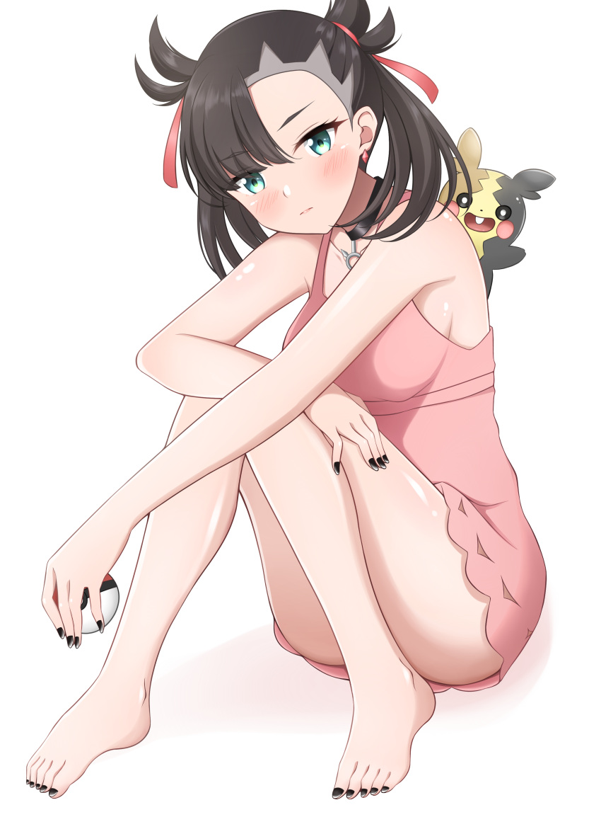 1girl, absurdres, asymmetrical_bangs, bangs, bare_legs, barefoot, black_choker, black_hair