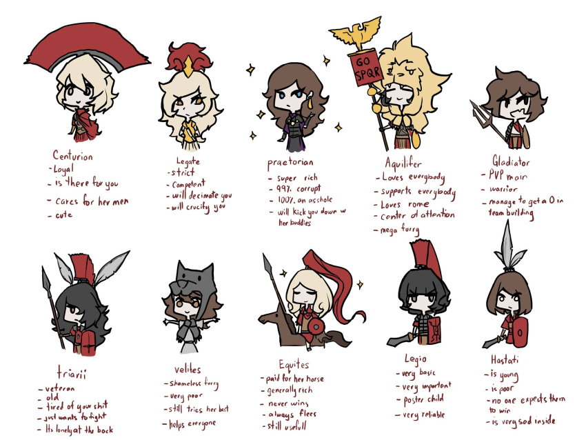 6+girls, animal_skin_hat, black_eyes, black_hair, blonde_hair, blue_eyes, brown_eyes, brown_hair