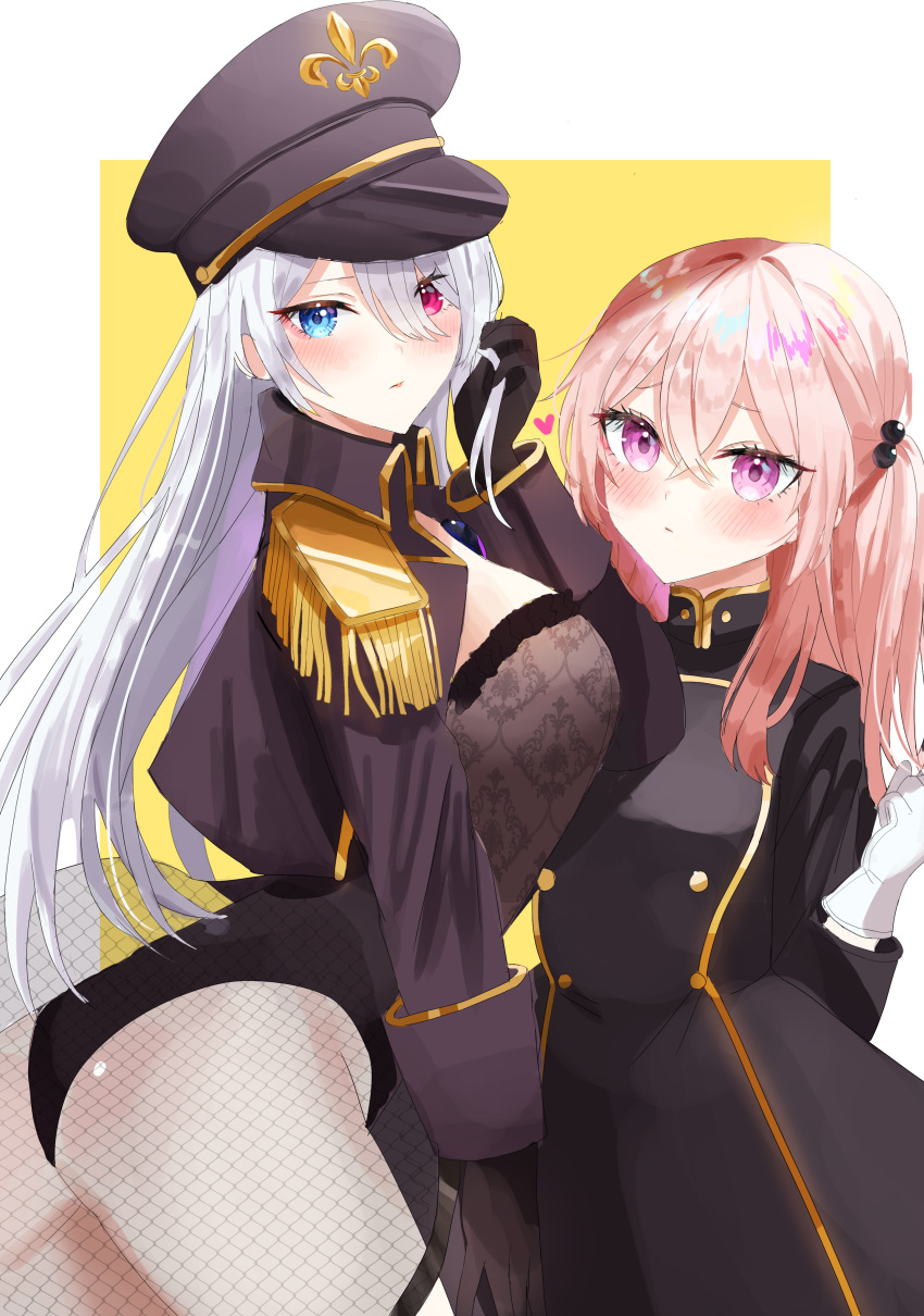 2girls, absurdres, ass, bangs, beads, black_gloves, black_jacket, black_leotard, black_lobelia, black_lobelia_(cosplay), blue_eyes, blush, breasts, closed_mouth, cosplay, crossed_bangs, epaulettes, facing_viewer, fishnet_dress, framed, gloves, hair_beads, hair_between_eyes, hair_ornament, hat, heart, heterochromia, highleg, highleg_leotard, highres, inui_sajuna, jacket, kitagawa_marin, large_breasts, leotard, lips, lipstick, looking_at_viewer, makeup, military, military_hat, military_uniform, multiple_girls, pink_hair, red_eyes, shiny, shiny_skin, silver_hair, sono_bisque_doll_wa_koi_wo_suru, two_side_up, uniform, violet_eyes, wellski, white_gloves, yellow_background