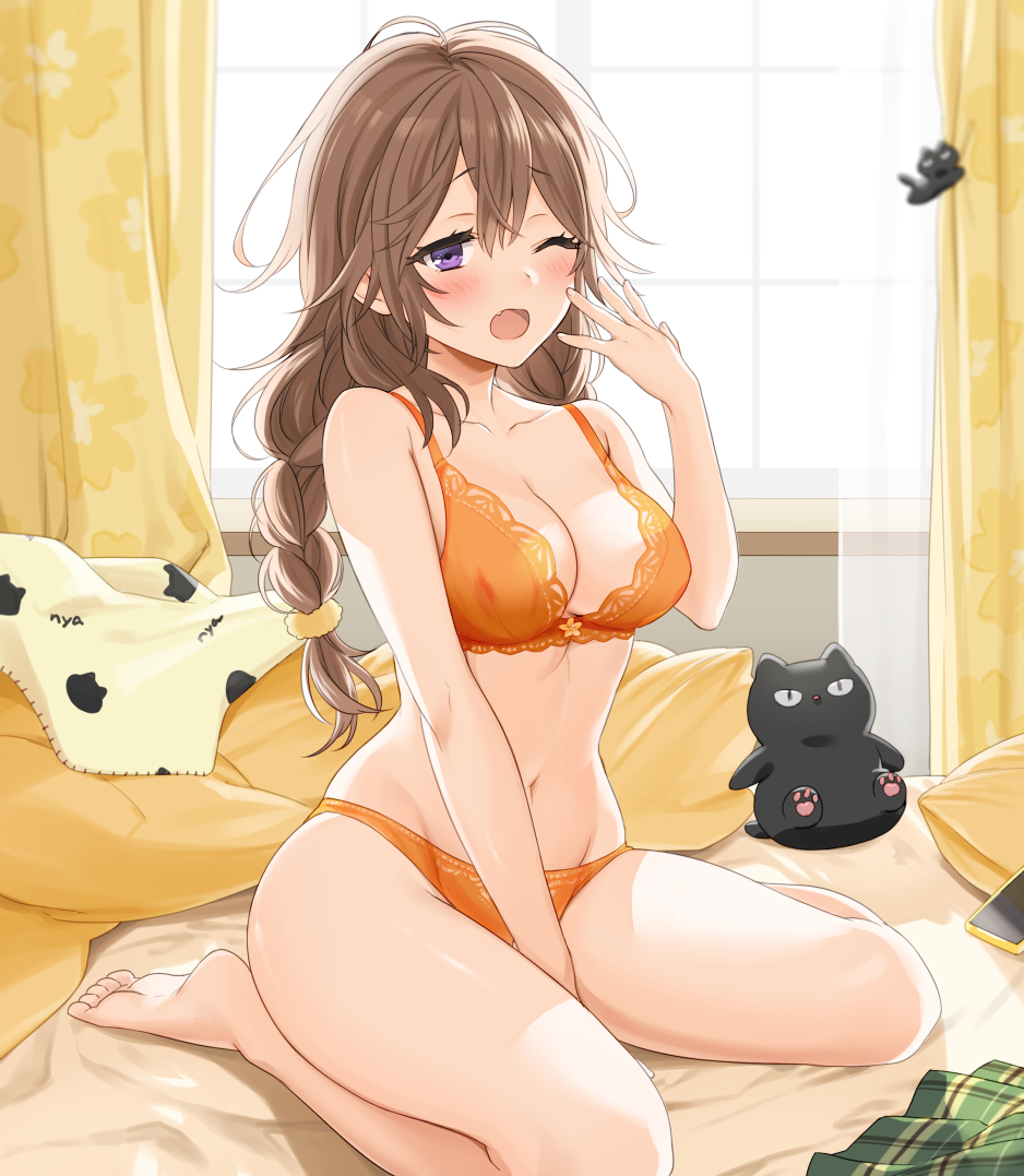 1girl, backlighting, bangs, barefoot, bed, bed_sheet, between_legs, blush, bra, braid, breasts, brown_hair, cellphone, collarbone, curtains, fang, feet, green_skirt, hand_between_legs, hand_up, indoors, lace-trimmed_bra, lace_trim, long_hair, looking_at_viewer, medium_breasts, morning, navel, on_bed, one_eye_closed, open_mouth, orange_bra, orange_panties, original, panties, phone, pillow, plaid, plaid_skirt, pleated_skirt, sitting, skirt, skirt_removed, smartphone, solo, stuffed_animal, stuffed_toy, sunlight, twin_braids, umeyuki, underwear, underwear_only, violet_eyes, waking_up, wariza, window, yawning