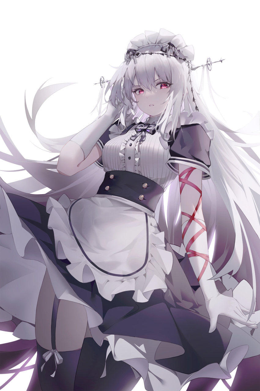 1girl, absurdres, alternate_costume, apron, arknights, black_bow, black_legwear, black_skirt
