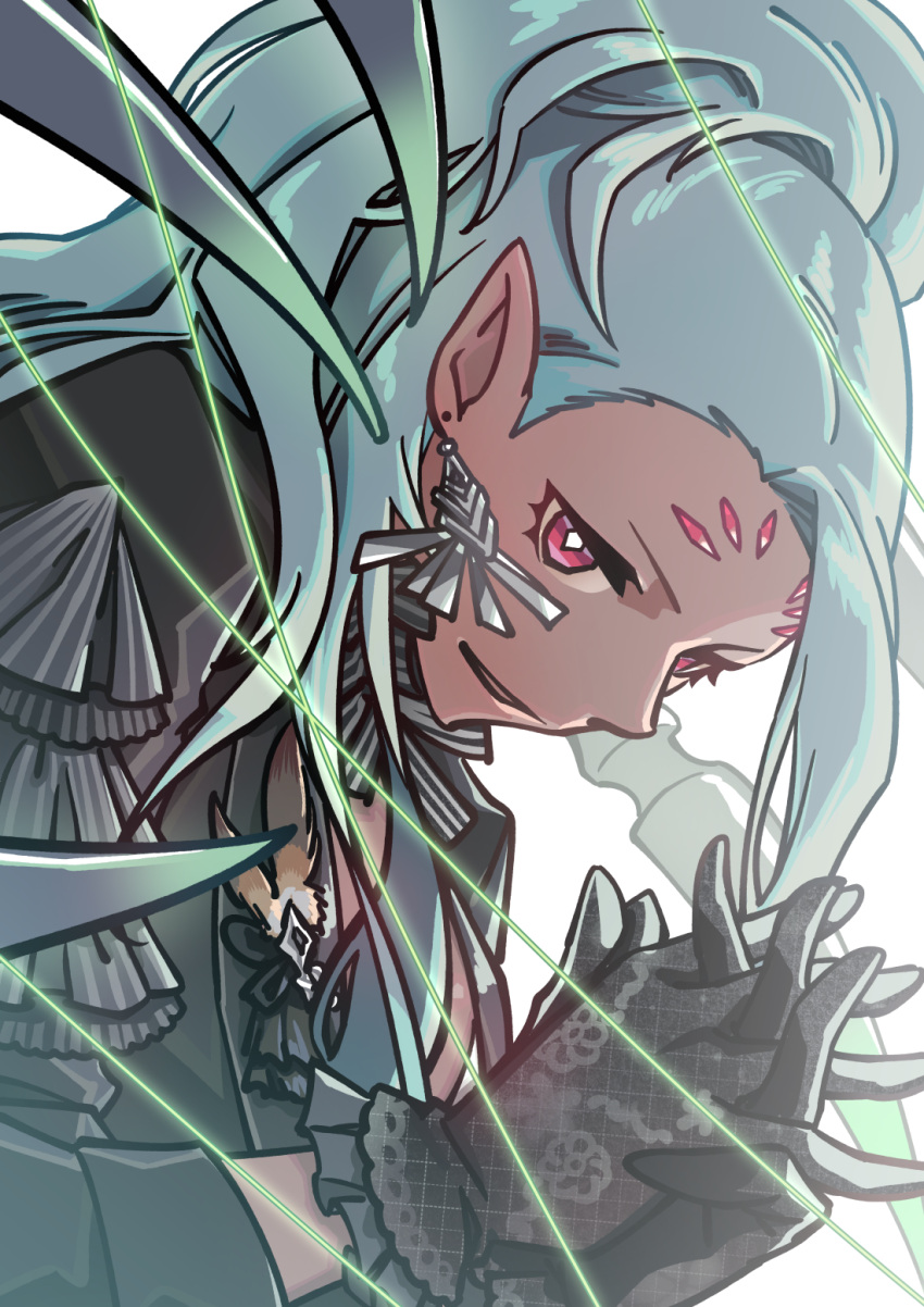1girl, arachne_(housamo), arthropod_girl, arthropod_limbs, asymmetrical_hair, brooch, dark-skinned_female, dark_skin, earrings, extra_eyes, formal, frilled_gloves, frills, gloves, highres, jewelry, long_hair, looking_at_viewer, open_mouth, own_hands_together, pink_eyes, pointy_ears, ponytail, solo, spider_girl, steepled_fingers, suit, thread, tokiniha_netai_(pm8sleepy), tokyo_afterschool_summoners, white_background