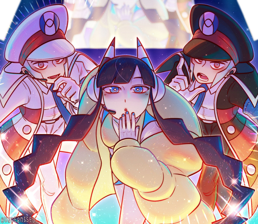 1girl, 2boys, black_coat, black_hair, black_pants, blue_eyes, blue_nails, blue_necktie