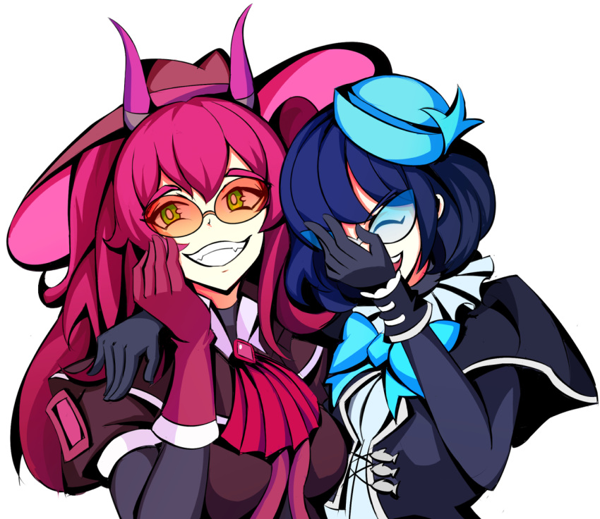 2girls, arm_around_shoulder, bangs, blue_bow, blue_hair, bow, bowtie, breasts