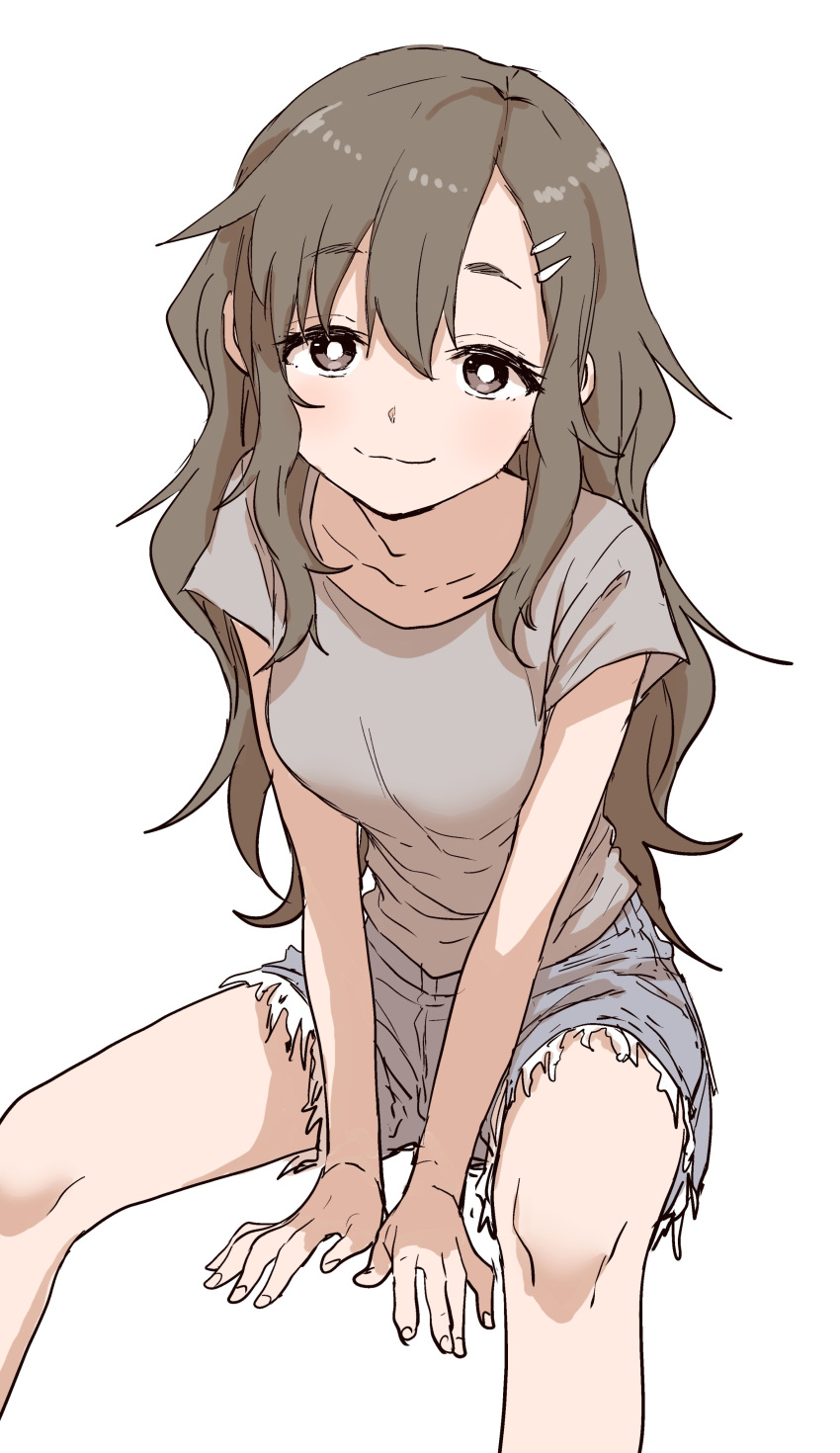 1girl, absurdres, blue_shorts, breasts, brown_eyes, brown_hair, closed_mouth, commentary_request