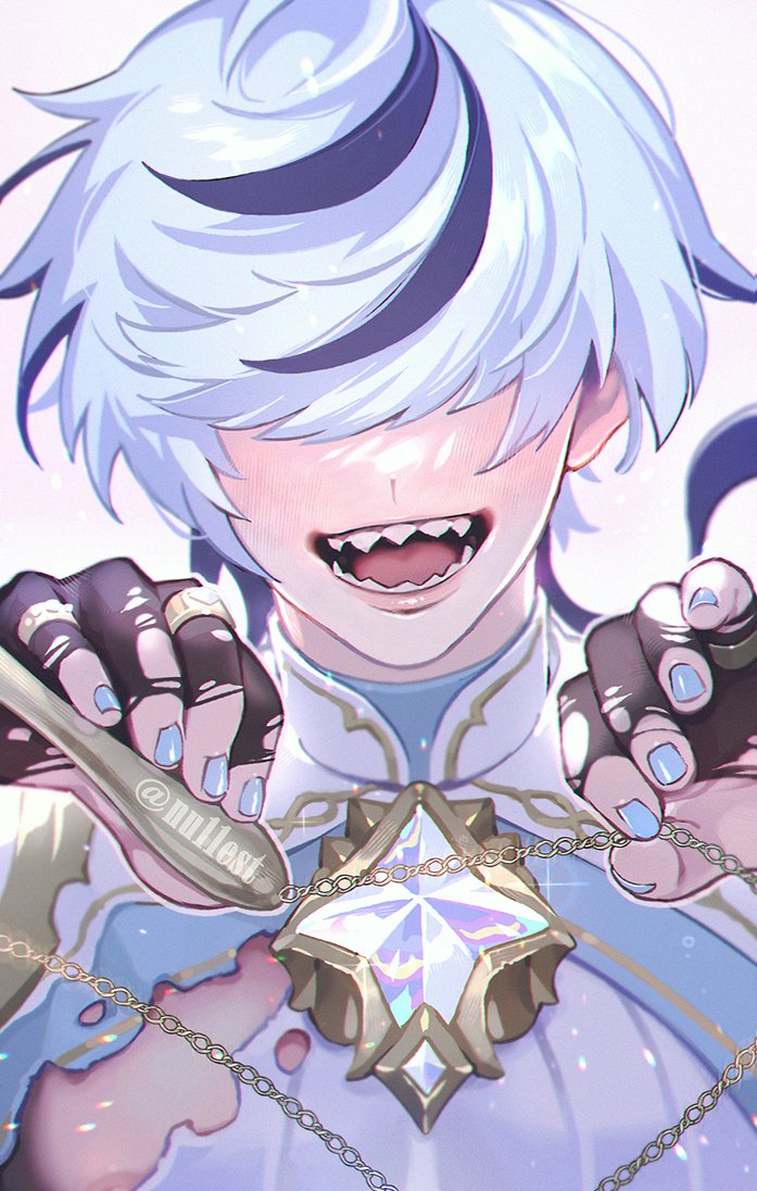1boy, black_hair, blade_(nu_carnival), facing_viewer, hair_over_eyes, hidden_eyes, male_focus, multicolored_hair, nail_polish, nu11est, nu_carnival, shark_boy, sharp_teeth, solo, teeth, white_hair