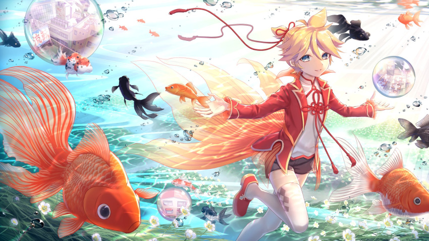 1boy, aroeruji3, black_footwear, black_shorts, blonde_hair, blue_eyes, bubble, city