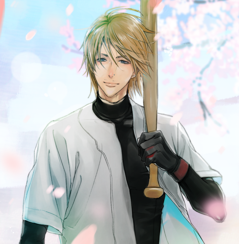 1boy, baseball_bat, black_gloves, blurry, blurry_background, branch, cherry_blossoms, facial_hair