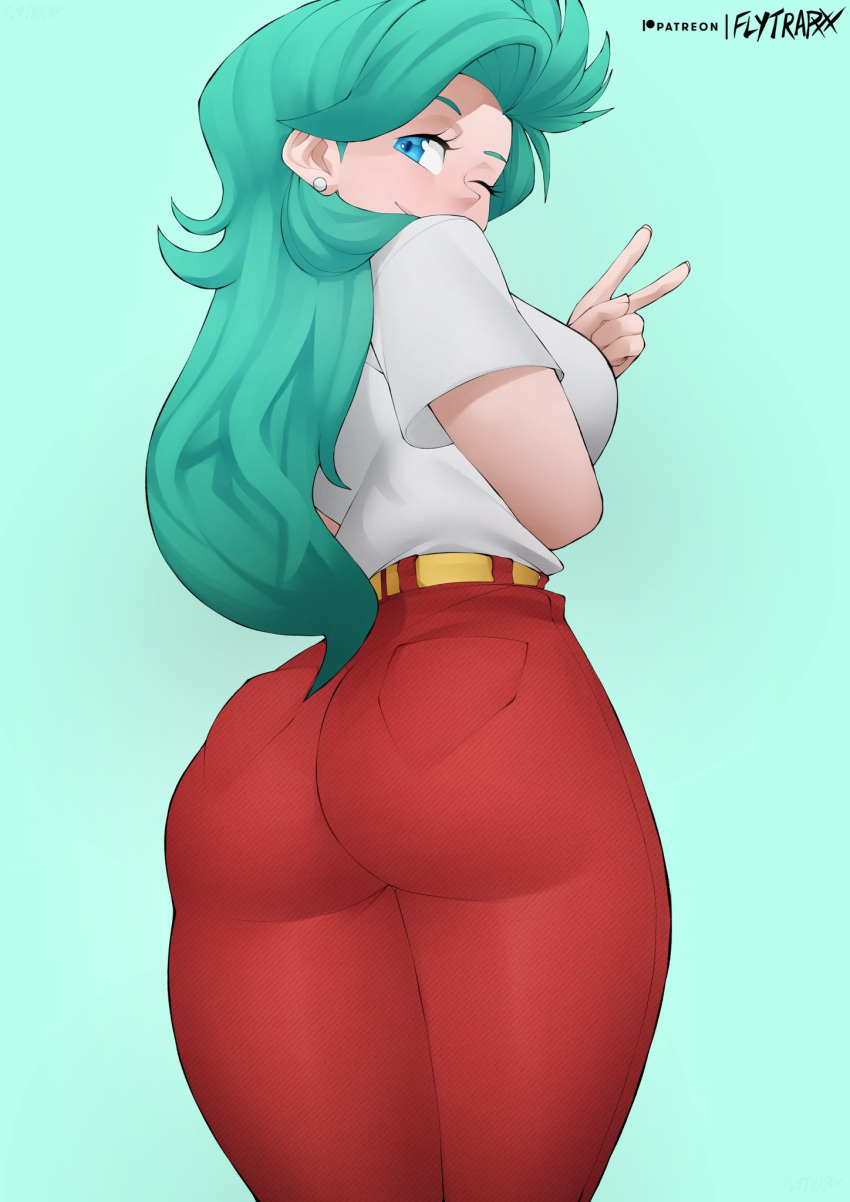 1girl, ass, belt, blue_eyes, breasts, bulma, cowboy_shot, dragon_ball, dragon_ball_z, earrings, english_commentary, flytrapxx, from_behind, green_background, green_hair, high-waist_pants, highres, jewelry, large_breasts, long_hair, looking_back, mature_female, mullet, narrow_waist, one_eye_closed, pants, red_pants, shirt, solo, standing, stud_earrings, t-shirt, thick_thighs, thighs, v