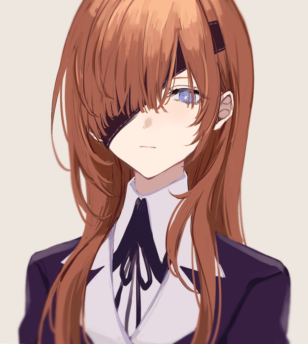 1girl, bangs, black_ribbon, blue_eyes, brown_hair, closed_mouth, collared_shirt, commentary_request, eyepatch, fate/grand_order, fate_(series), hair_over_one_eye, light_blush, long_hair, long_sleeves, looking_at_viewer, nozz177, ophelia_phamrsolone, ribbon, shirt, sidelocks, simple_background, solo, upper_body