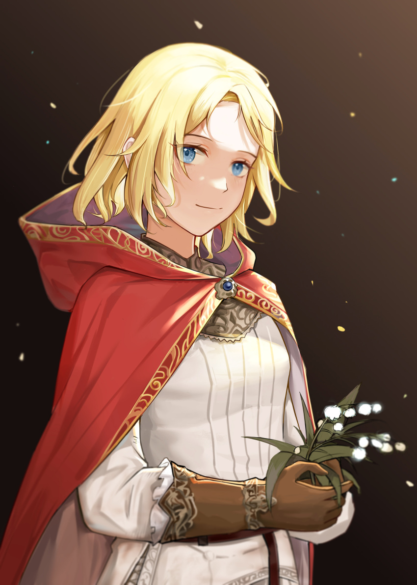1girl, absurdres, bangs, blonde_hair, blush, brown_gloves, cape, capelet
