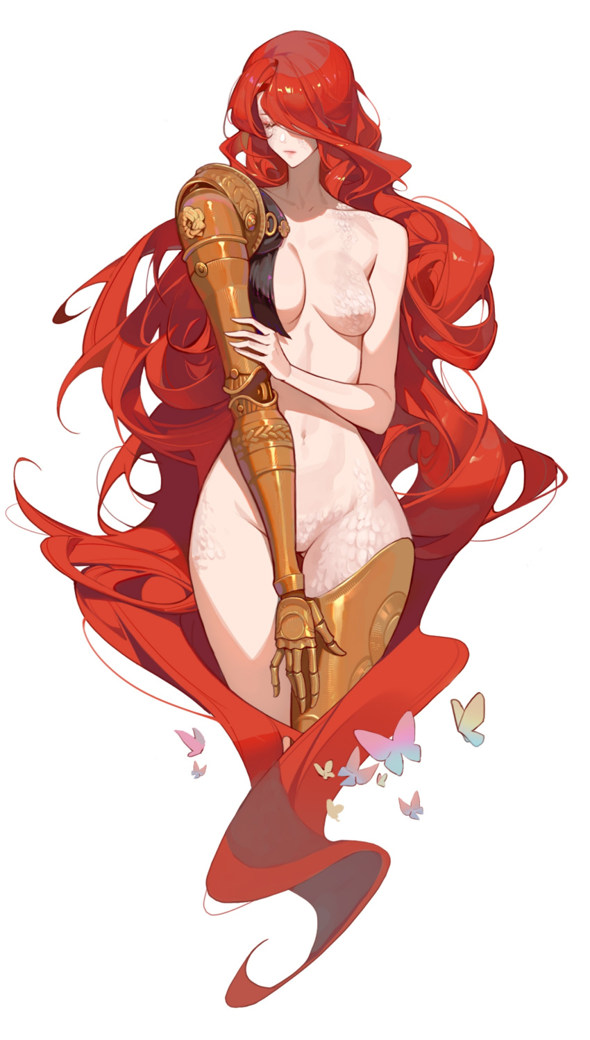 1557263260, 1girl, absurdres, amputee, breasts, closed_mouth, completely_nude, elden_ring, floating_hair, highres, long_hair, malenia_blade_of_miquella, malenia_goddess_of_rot, mechanical_arms, navel, nude, prosthesis, prosthetic_arm, prosthetic_leg, redhead, simple_background, single_mechanical_arm, solo, very_long_hair