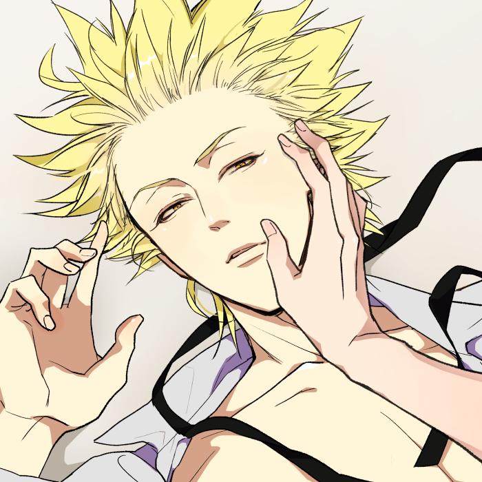 1other, blonde_hair, collarbone, collared_shirt, grey_background, hand_on_another's_face, looking_at_viewer, male_focus