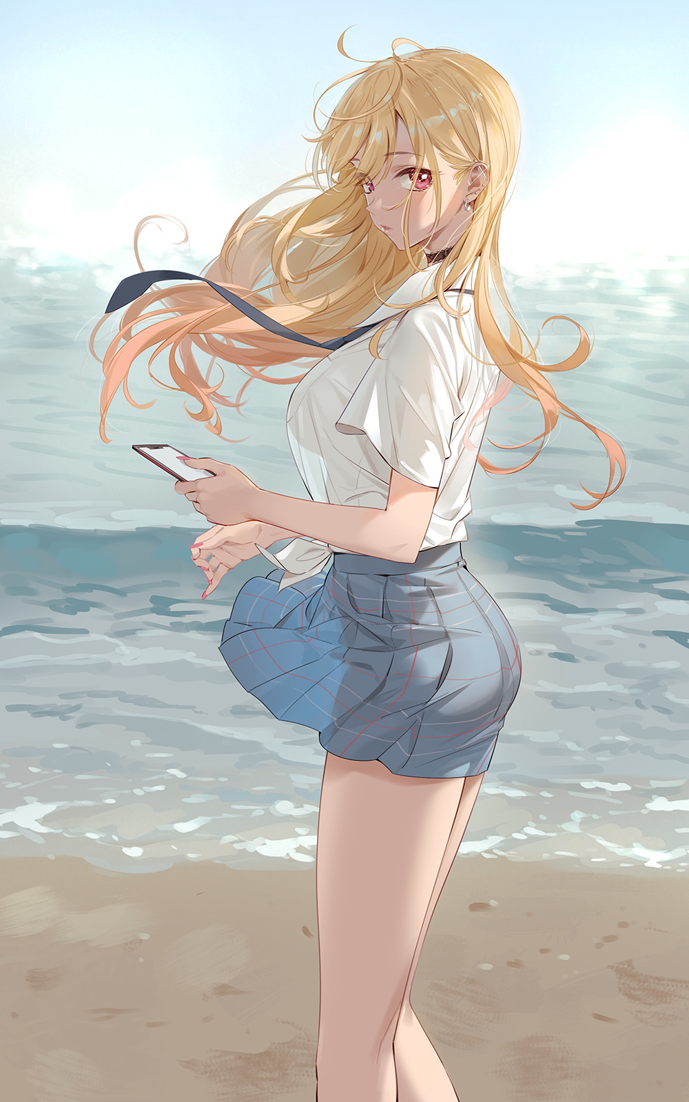 1girl, bangs, beach, blonde_hair, blue_skirt, blush, breasts, cellphone