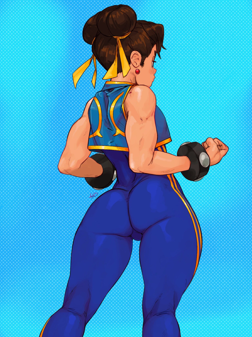1girl, ass, blue_bodysuit, bodysuit, brown_hair, chun-li, clenched_hands, cowboy_shot, double_bun, earrings, english_commentary, fortnite, from_behind, hair_ribbon, highres, jewelry, kneepits, muscular, muscular_female, ribbon, short_hair, skin_tight, sleeveless, solo, street_fighter, street_fighter_zero_(series), studded_bracelet, thick_thighs, thighs, tyto_alba, vest, yellow_ribbon