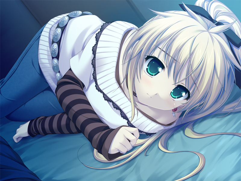 1girl, alpha_(yukai_na_nakamatachi), arisa_crain_femiluna, bangs, bed_sheet, black_ribbon, blonde_hair, blue_pants