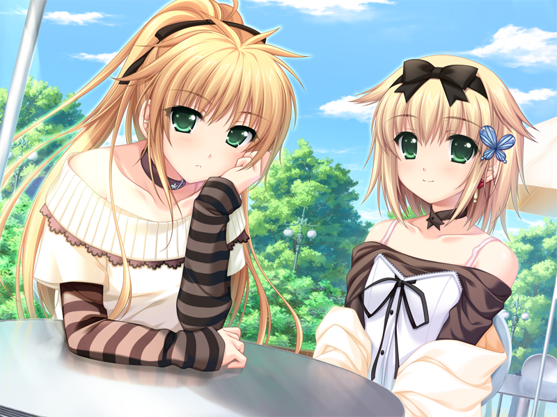 2girls, alpha_(yukai_na_nakamatachi), arisa_crain_femiluna, bangs, black_bow, black_choker, black_hairband, blonde_hair