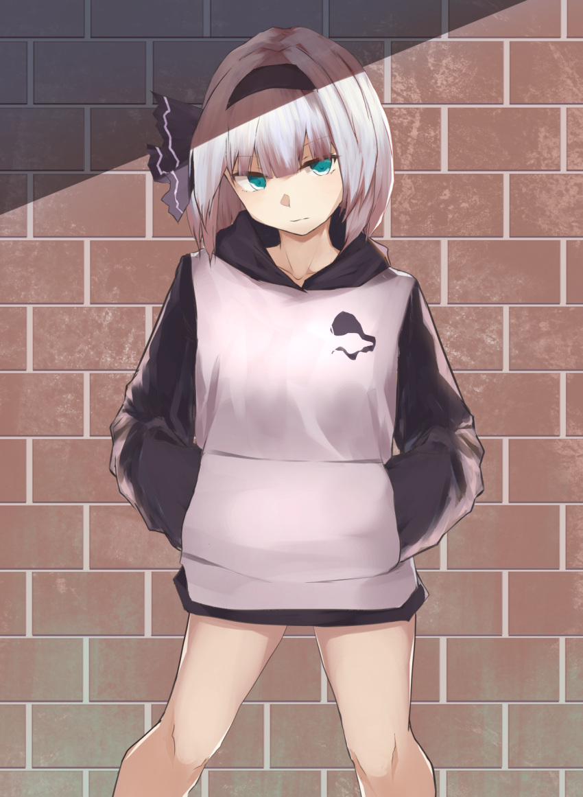 1girl, alternate_costume, aqua_eyes, black_hoodie, bob_cut, breasts, brick_wall, closed_mouth