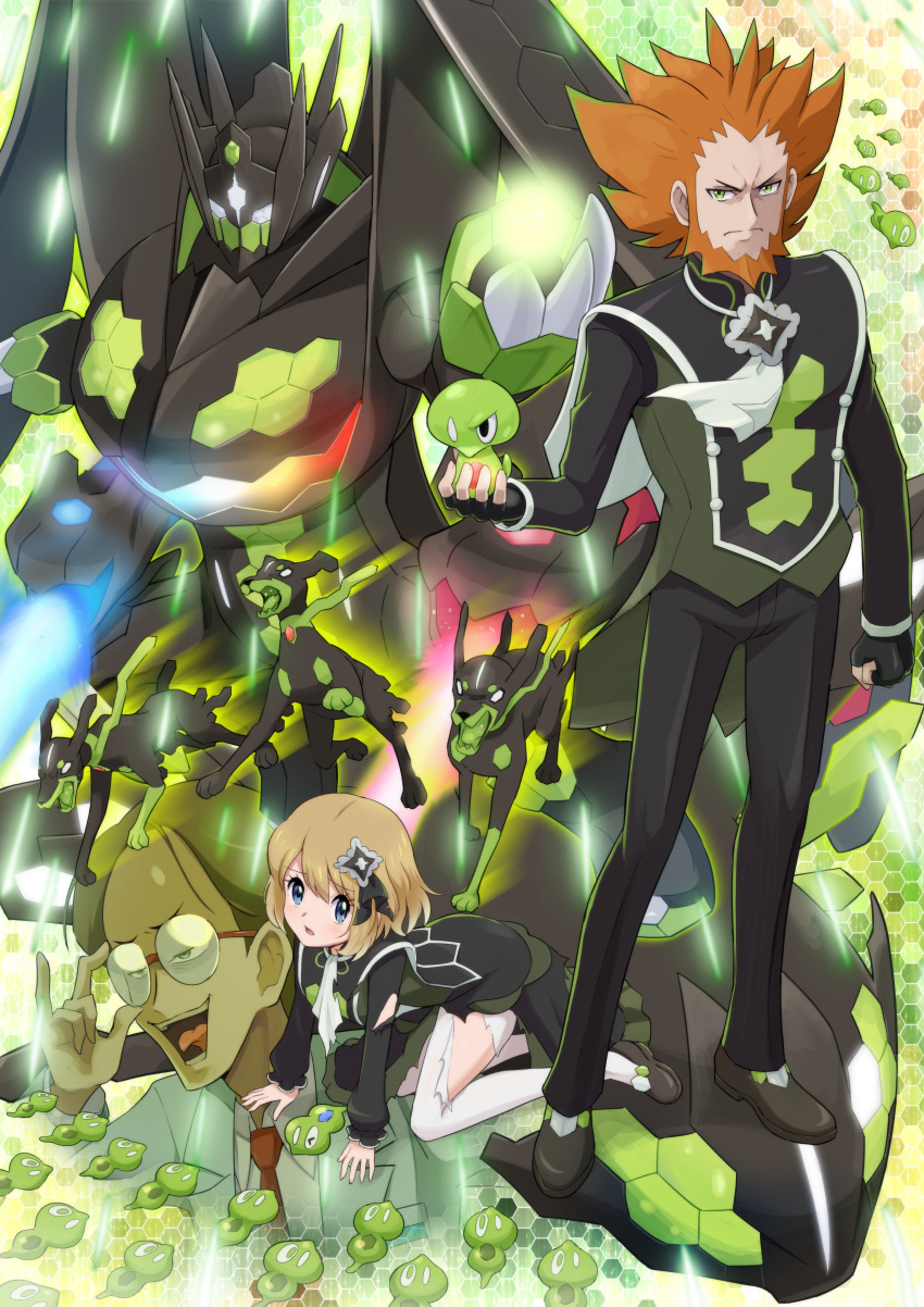 1girl, 2boys, absurdres, all_fours, ascot, beard, black_dress, black_gloves