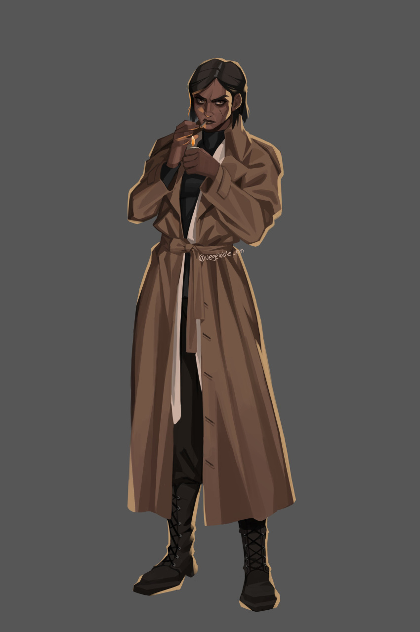 1girl, absurdres, alternate_costume, arcane:_league_of_legends, bangs, boots, brie_(vegetable_on), brown_coat