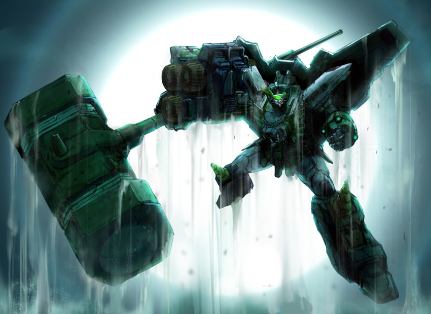 clenched_hand, damaged, dirt, drill, forehead_jewel, full_moon, gaogaigar, glowing, goldion_hammer, hammer, highres, holding, holding_hammer, mecha, moon, no_humans, sterben, yuusha_ou_gaogaigar, yuusha_series