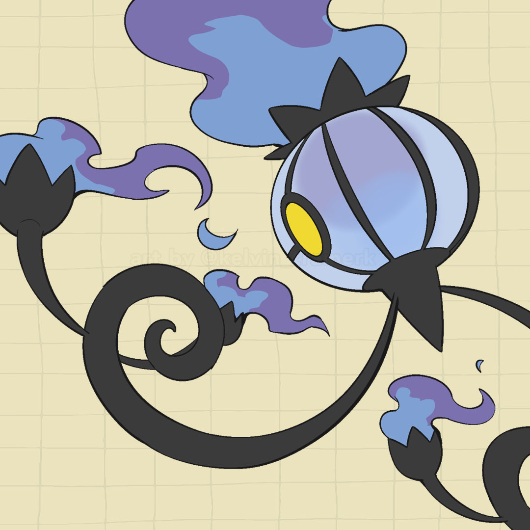 chandelure, commentary, fire, from_side, grid_background, kelvin-trainerk, outline, pokemon