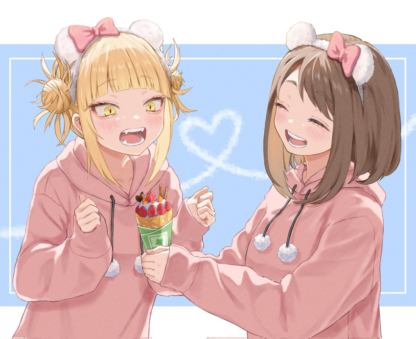 2girls, blonde_hair, blue_background, blush, boku_no_hero_academia, bow, brown_hair, closed_eyes