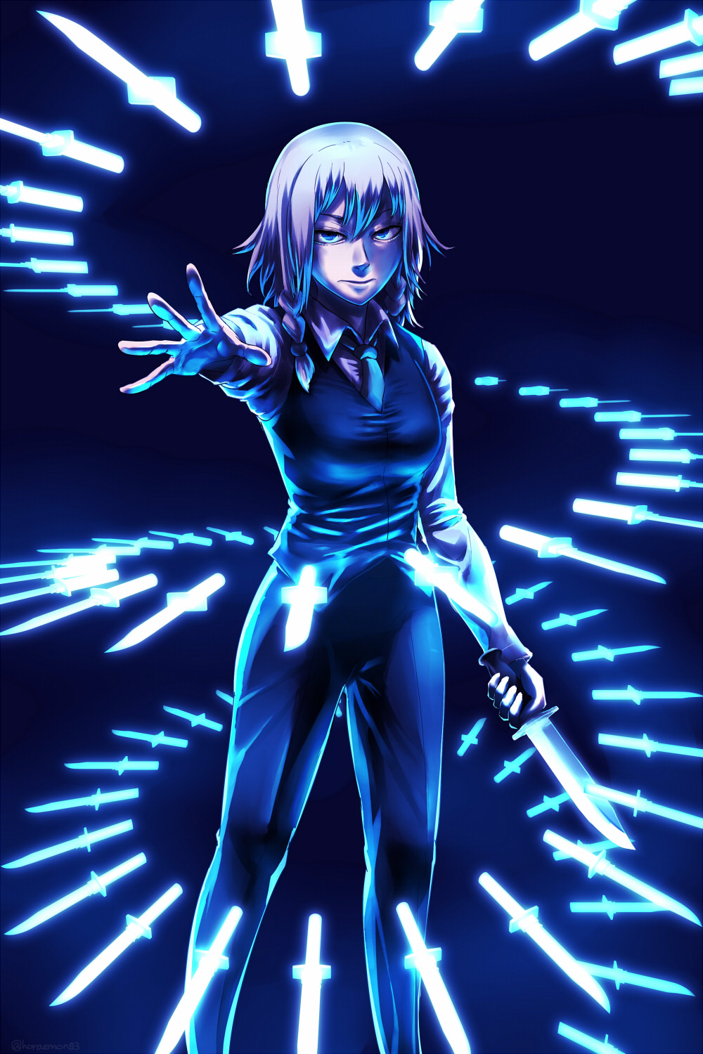 1girl, alternate_costume, braid, closed_mouth, danmaku, formal, highres, horaemon03